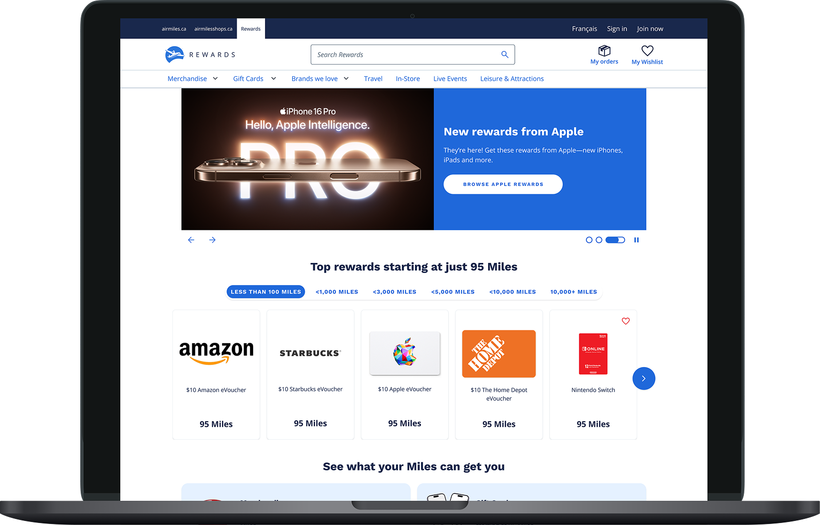 Rewards landing page in device