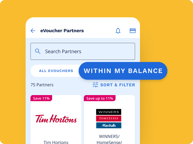 Gift card listing screen with filter